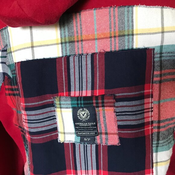 Upcycled Patchwork Hoodie, Size Medium: Red Plaid, Star Appliqués, Grunge Style - Picture 9 of 13